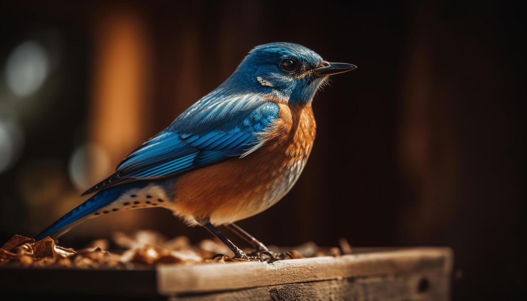 Small starling perching on branch, feathers ruffled generated by AI photo