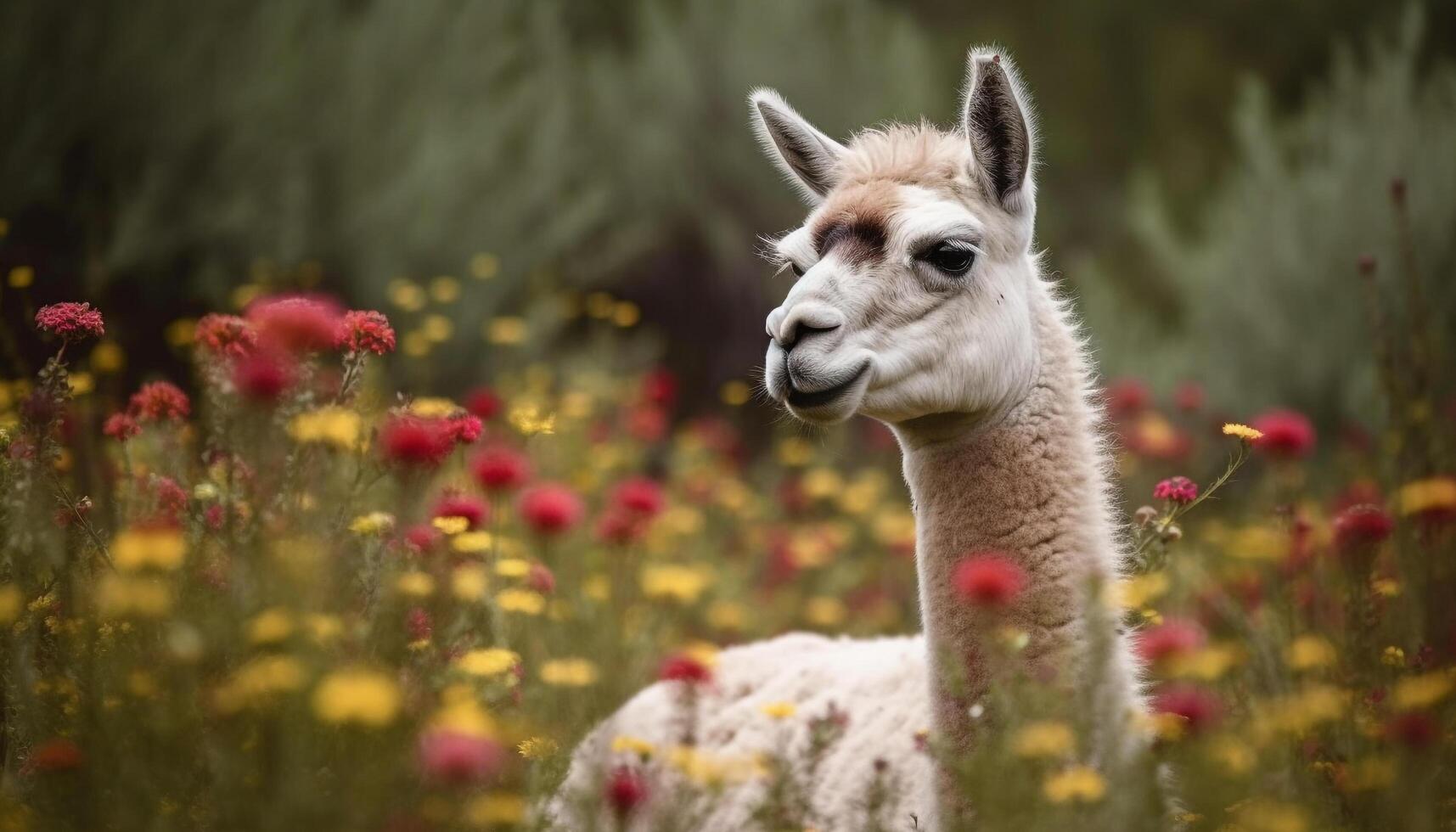 Cute alpaca grazing in green meadow, fluffy fleece generated by AI photo