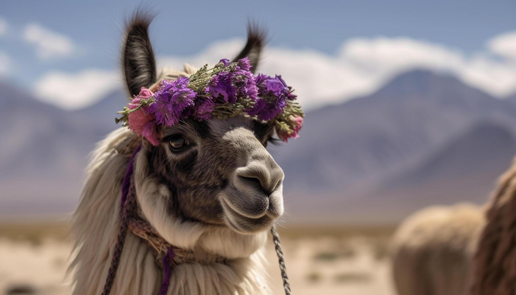 Cute alpaca smiles, posing in purple meadow generated by AI photo