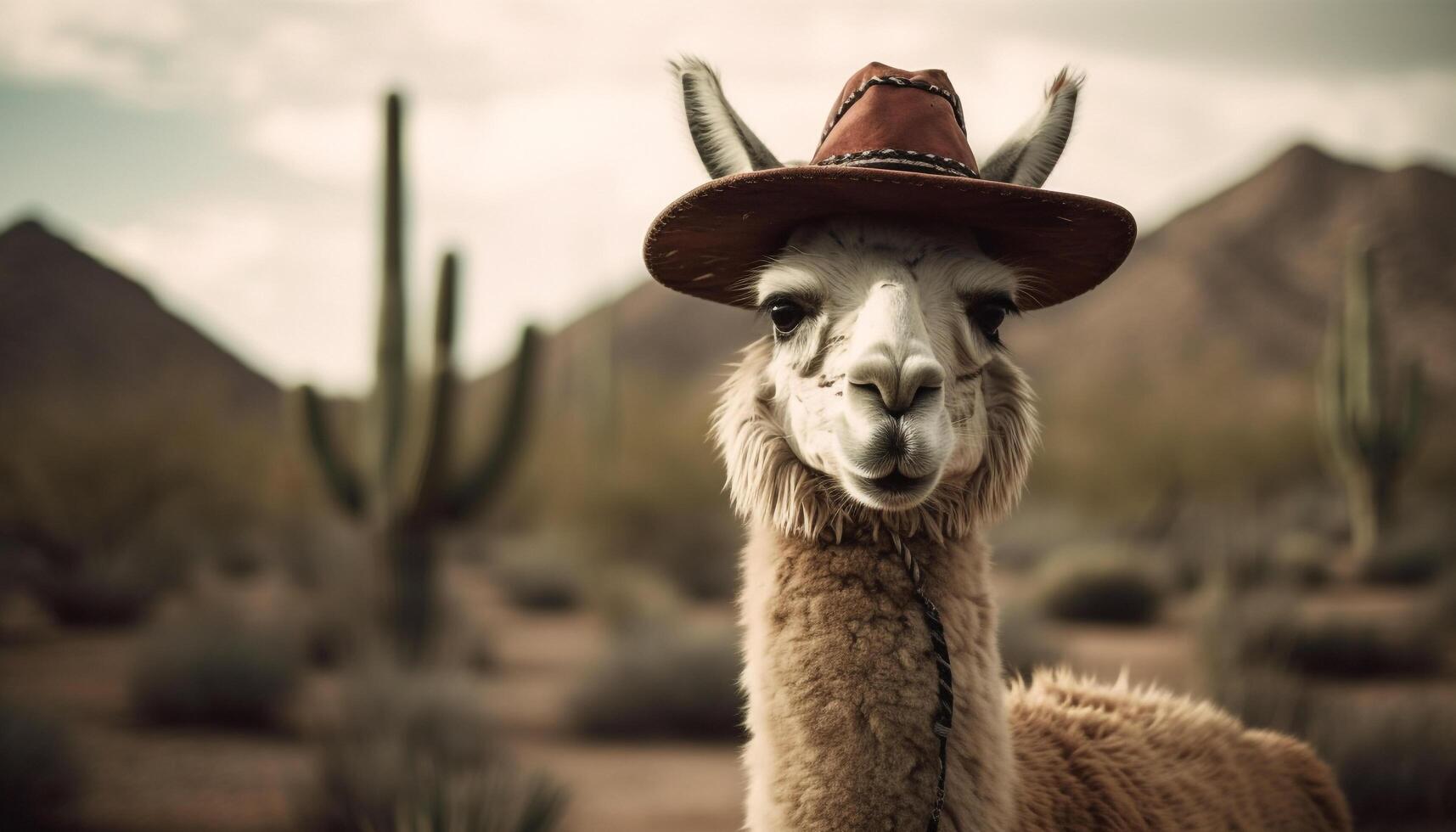 Alpaca smiles for camera in rural landscape generated by AI photo