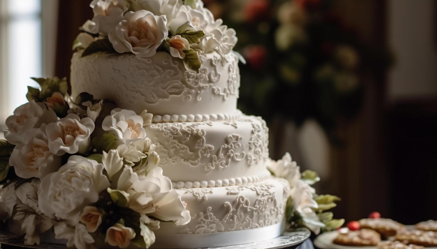 An ornate wedding cake tier with fresh strawberries generated by AI photo