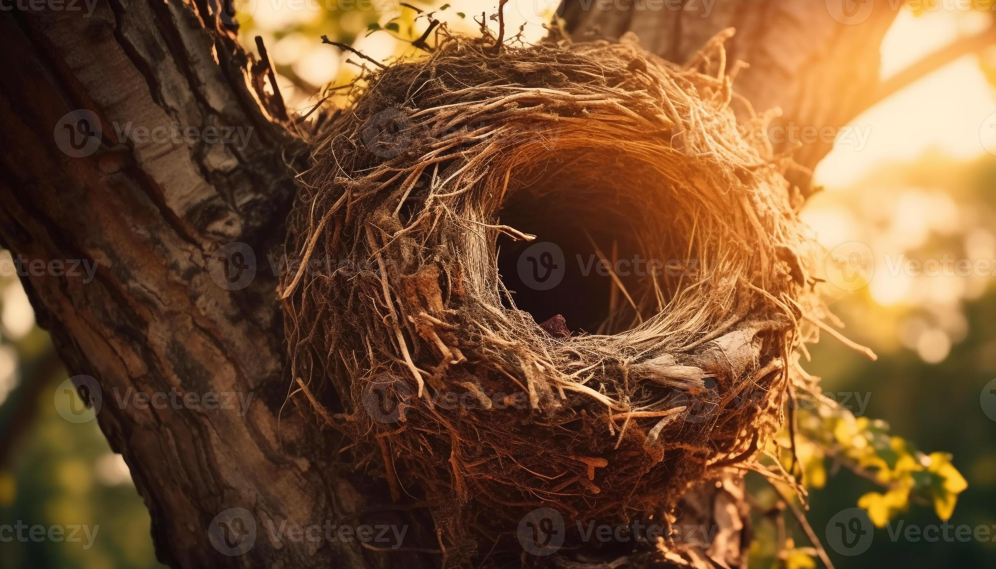Bird nest on branch, surrounded by leaves generated by AI 24642216