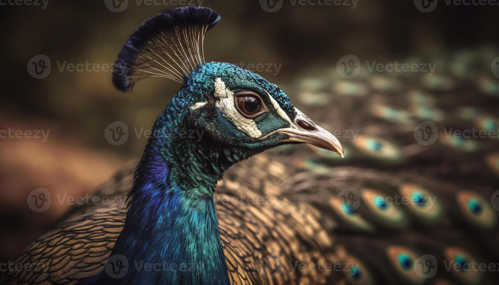 Majestic peacock displays vibrant beauty in nature generated by AI photo