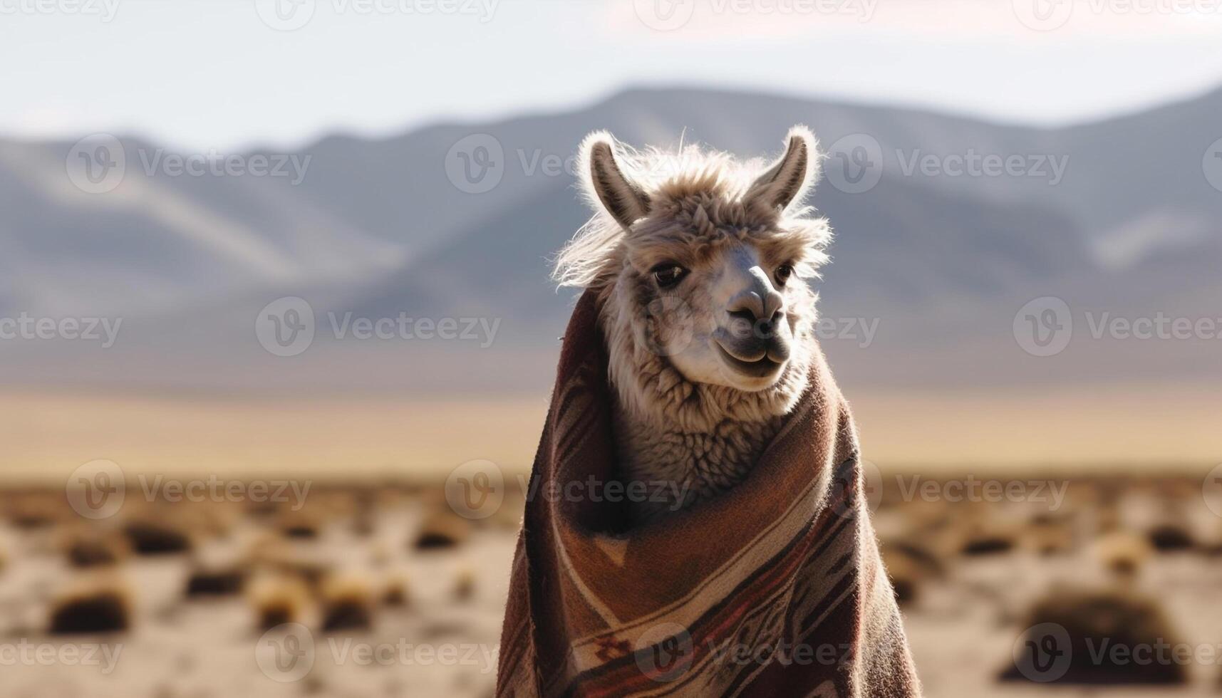 Alpaca woolly fur shines in mountain sunlight generated by AI photo