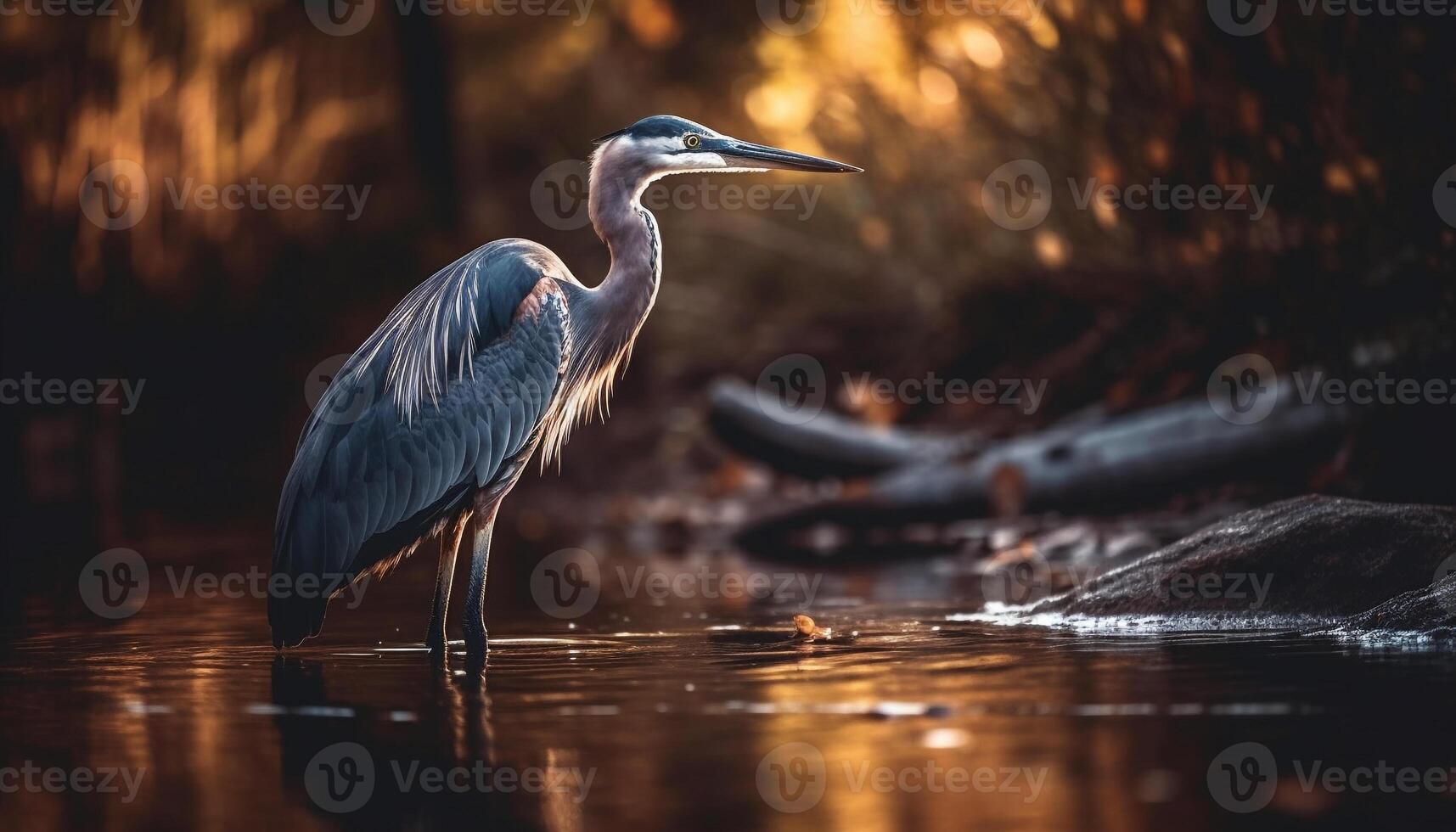 The majestic gray heron stands wading peacefully generated by AI photo