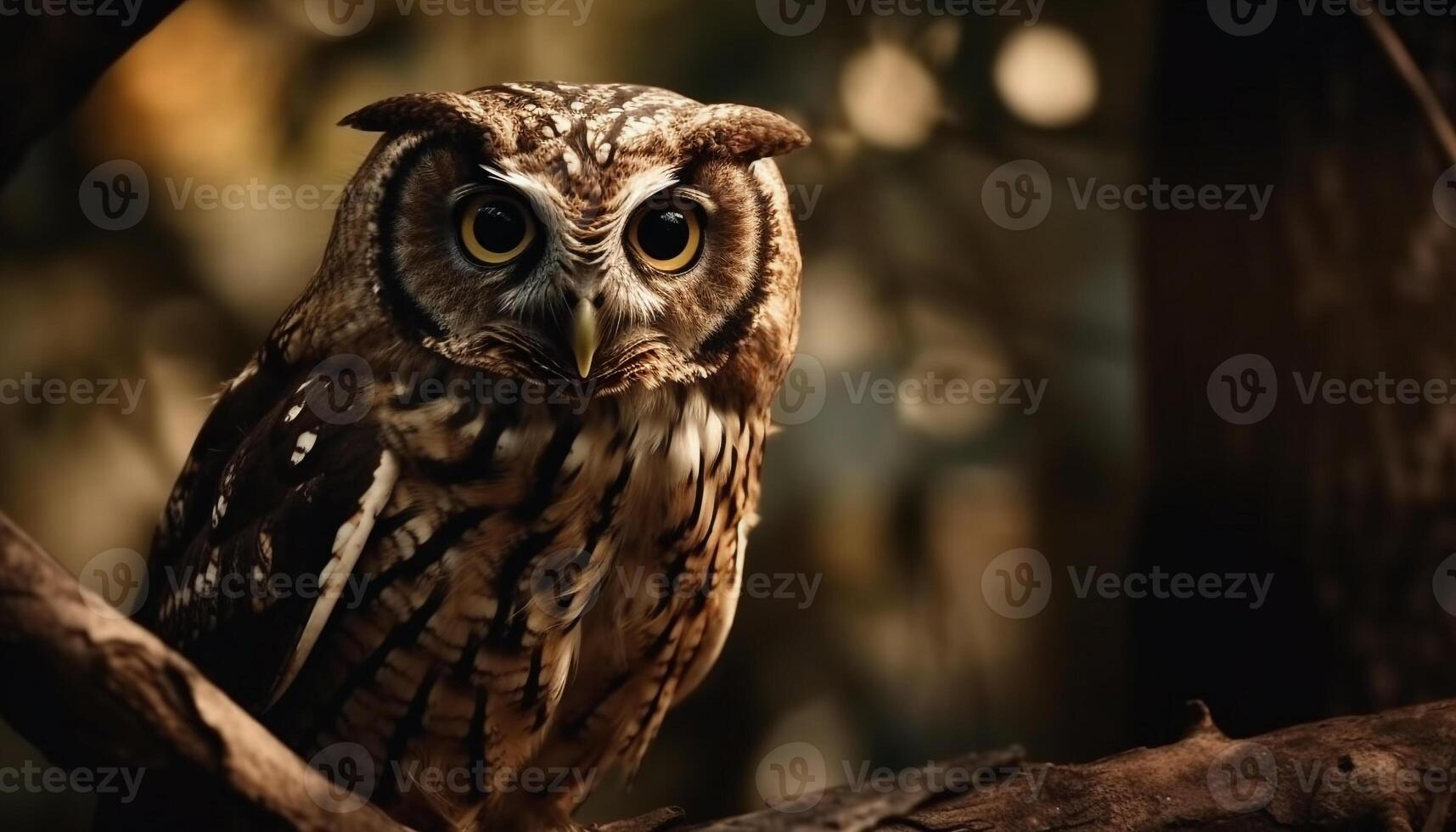 Great horned owl perching on tree branch generated by AI photo