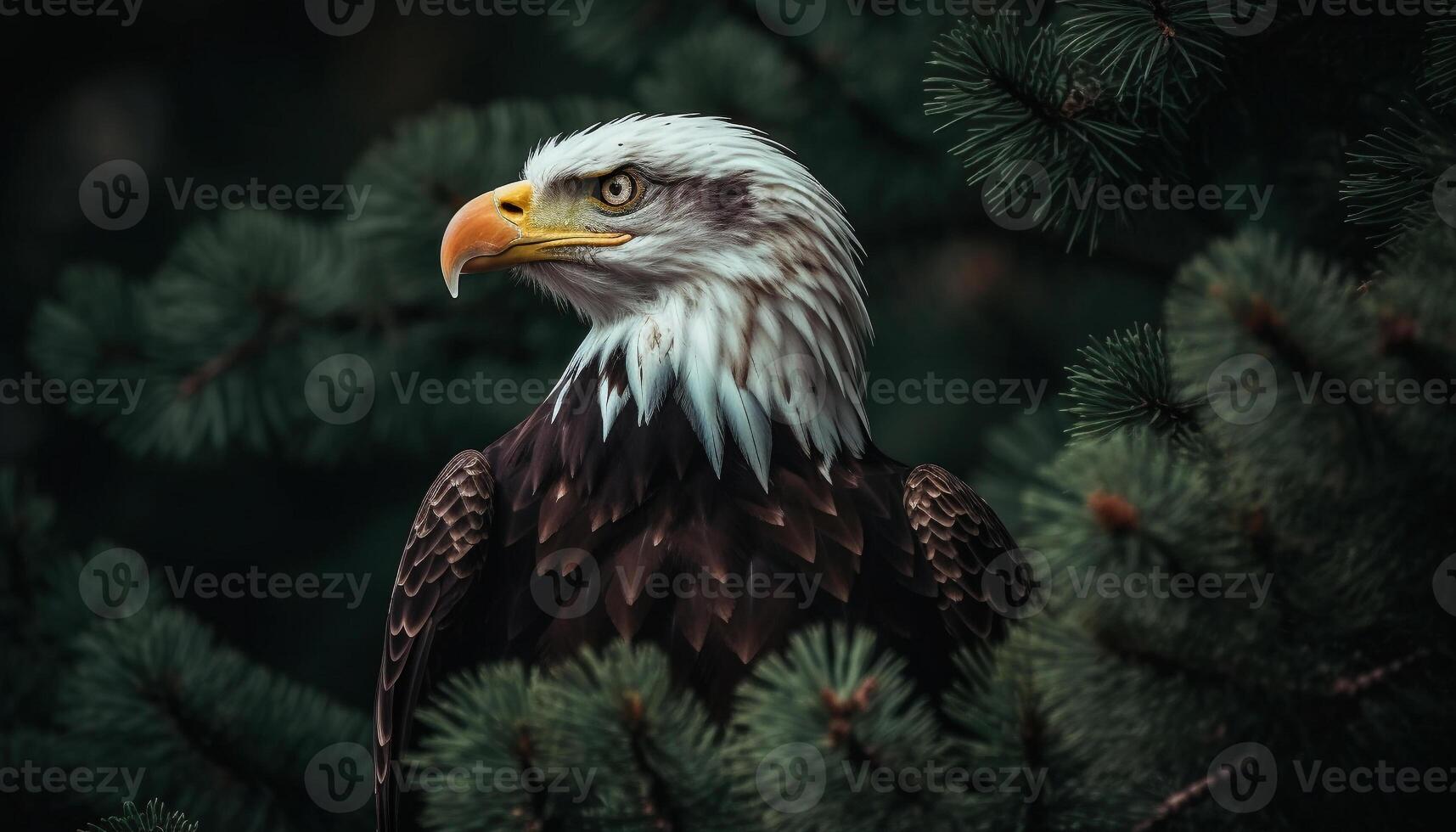 Majestic bald eagle perching on snowy branch generated by AI photo