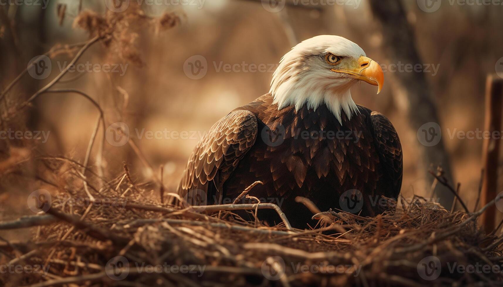 Majestic bald eagle perching on tree branch generated by AI photo
