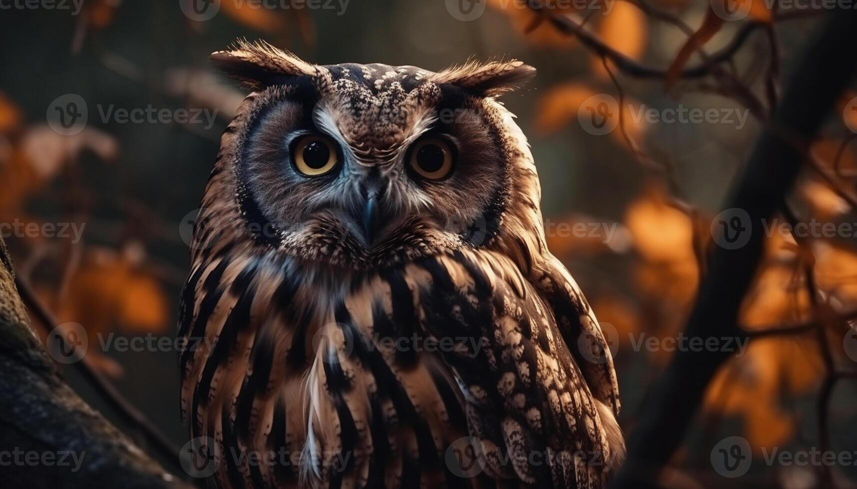 Great horned owl perching on tree branch generated by AI photo