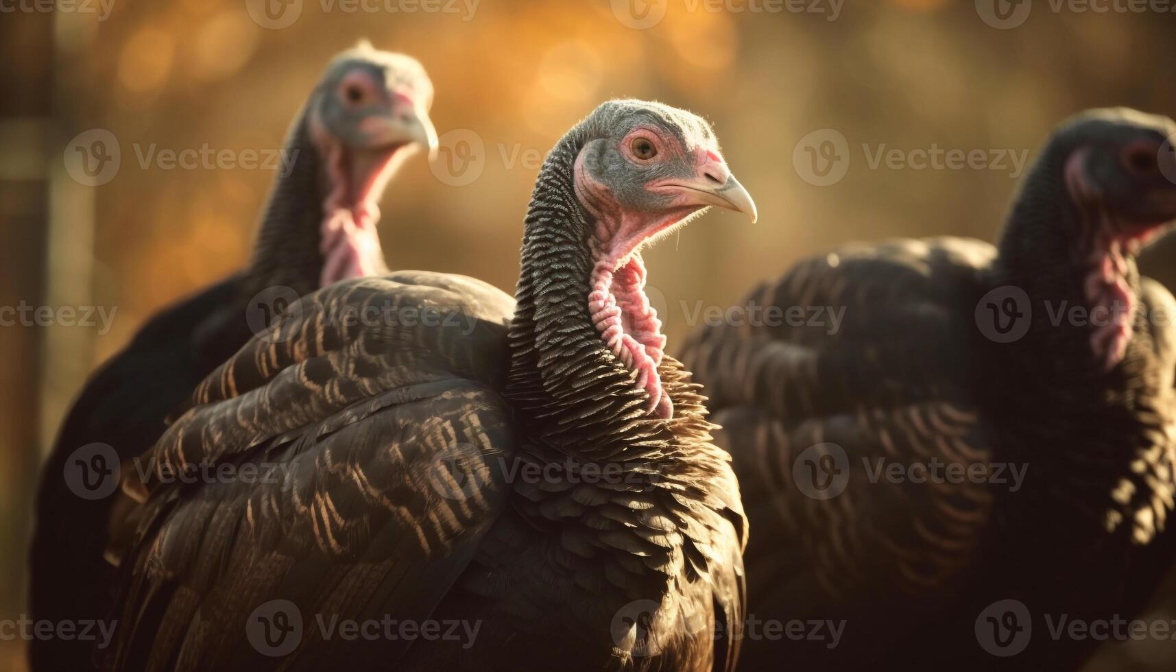 Free range turkey with vibrant feathers scavenging farm generated by AI photo