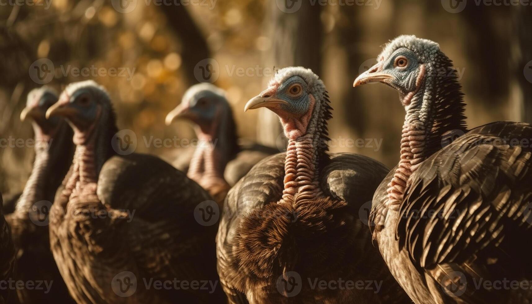 Free range turkey scavenging for food in rural farm generated by AI photo