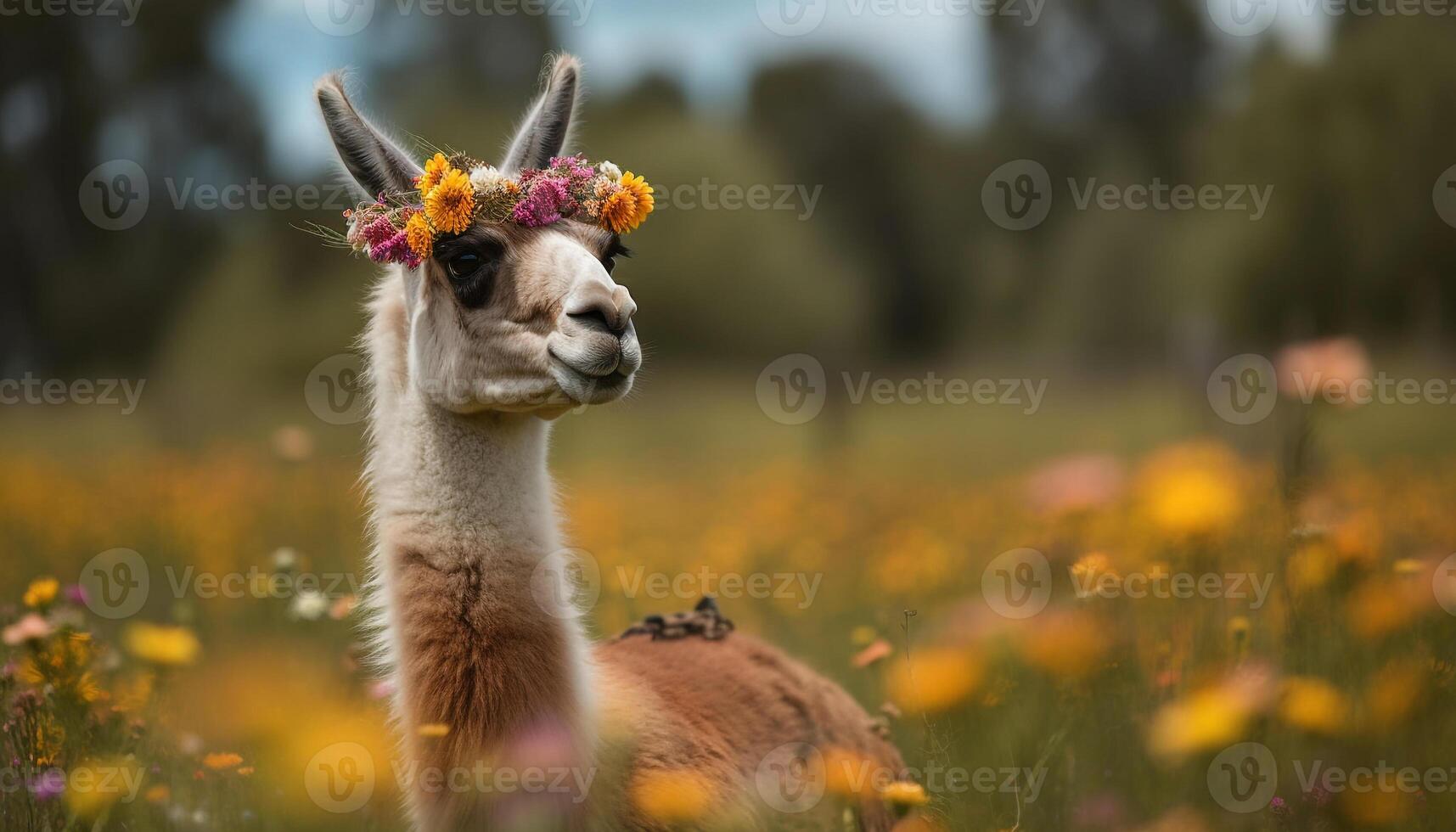 Fluffy alpaca smiles in green meadow portrait generated by AI photo