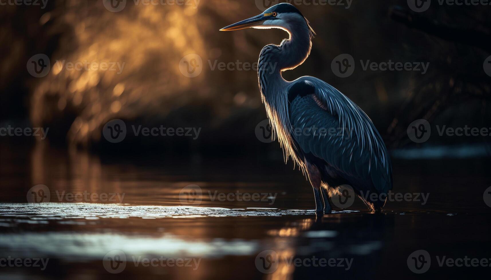 Gray heron standing in tranquil swamp water generated by AI photo