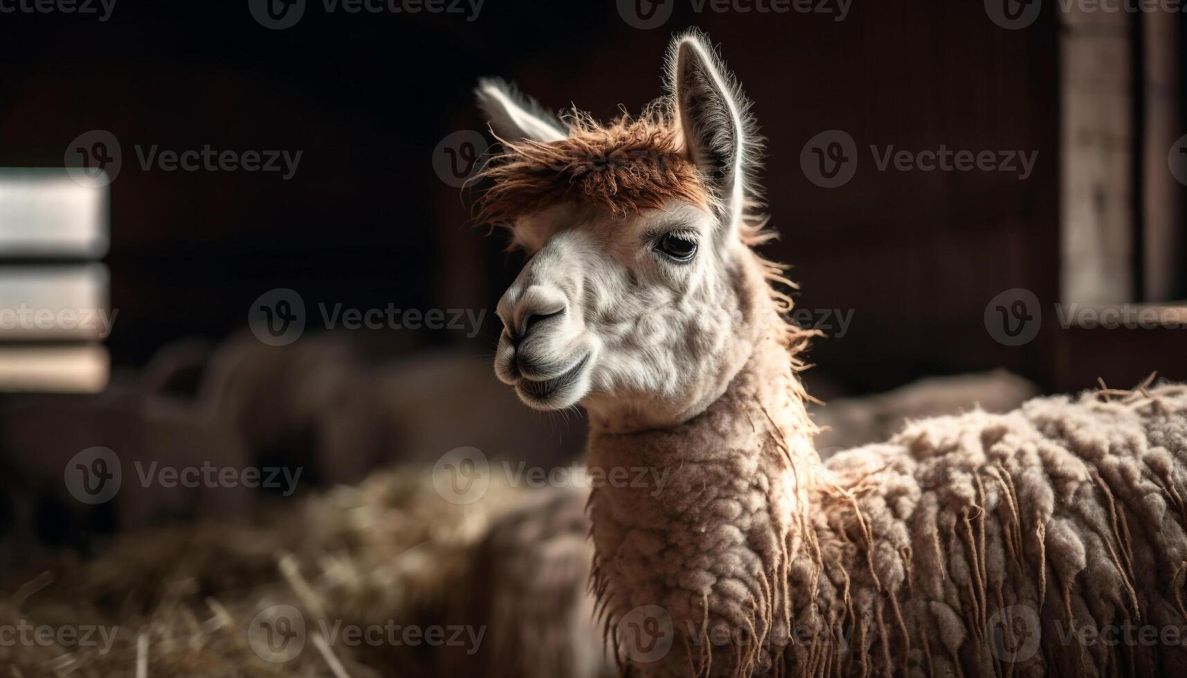 Fluffy alpaca poses for portrait in meadow generated by AI photo