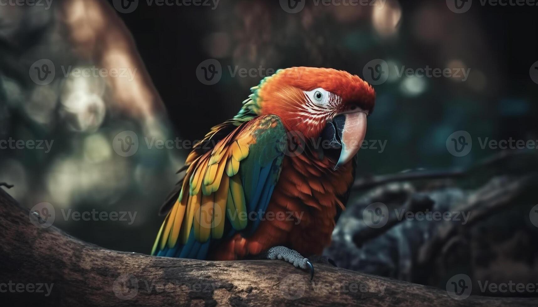 Scarlet macaw perching on branch, vibrant beauty generated by AI photo