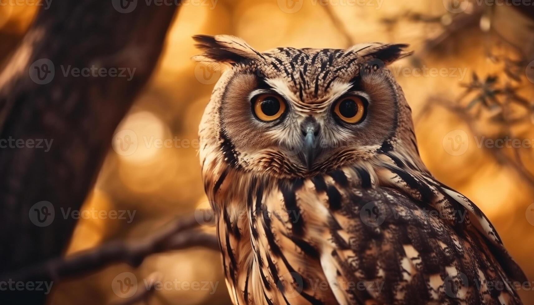 Great horned owl perching on branch, staring generated by AI photo