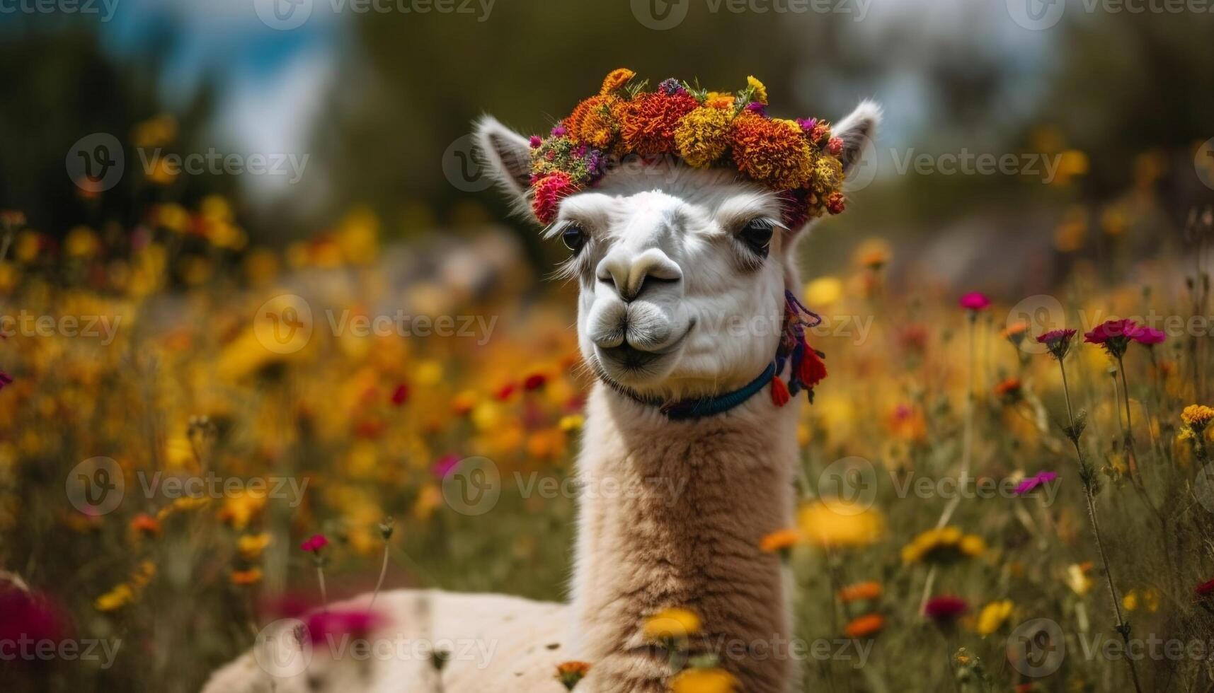 Smiling alpaca grazes in lush green meadow generated by AI photo