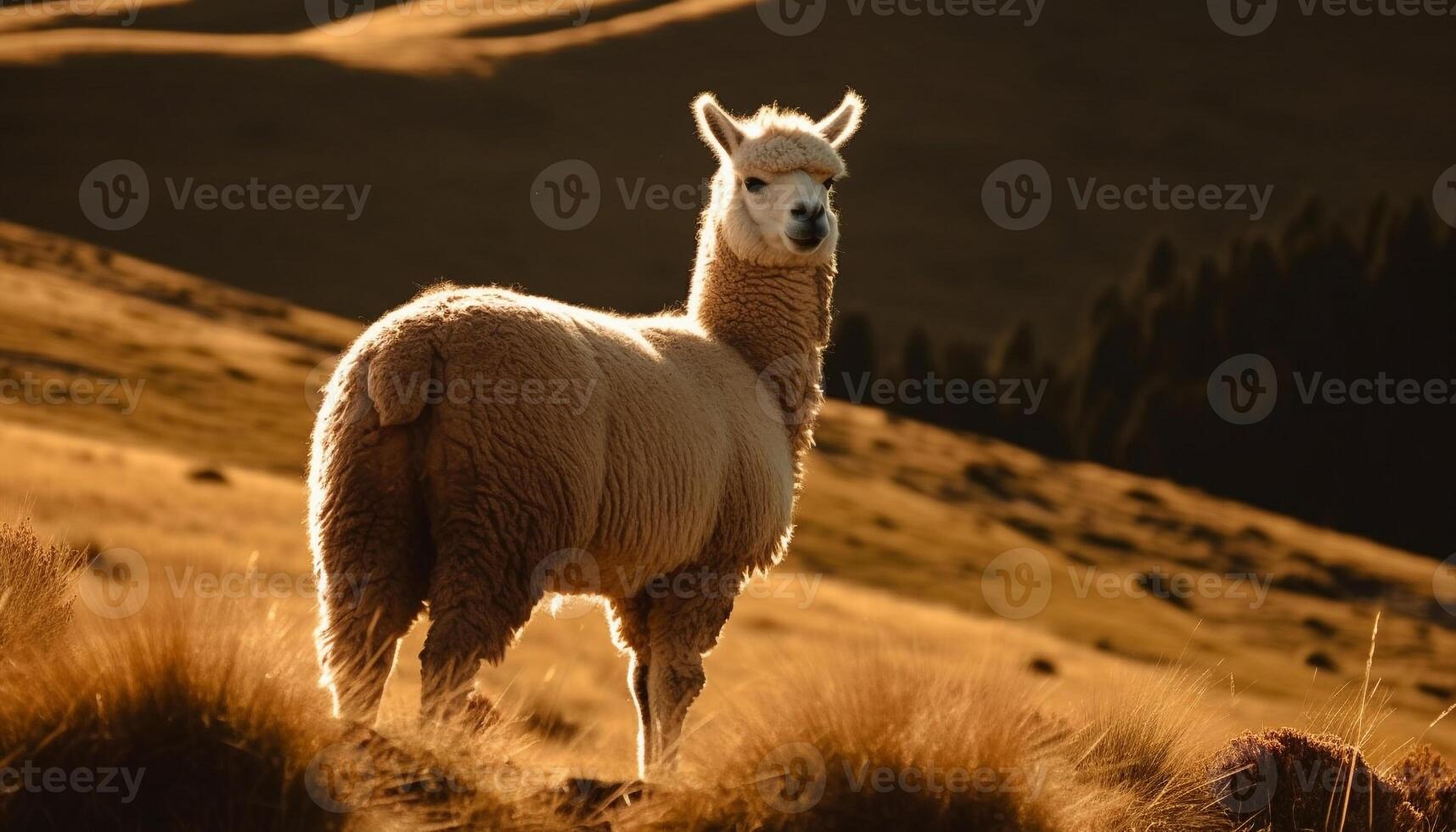 Fluffy alpaca grazing on rural farm meadow generated by AI photo