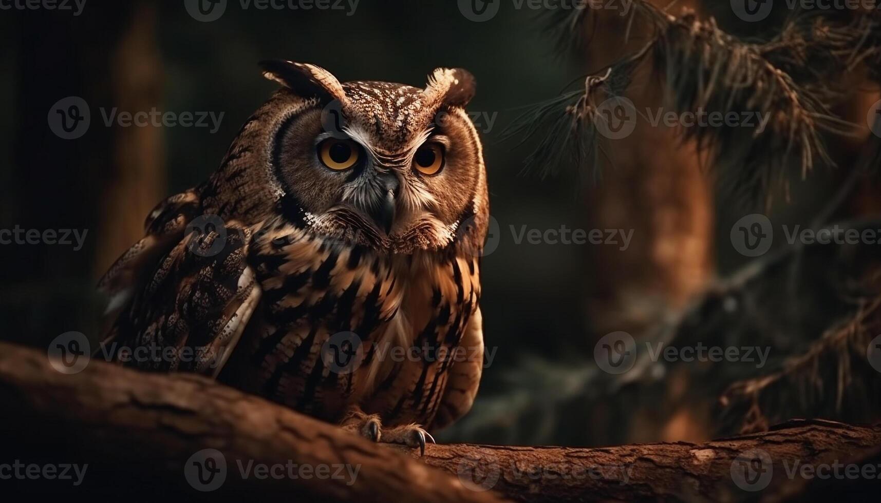 genial con cuernos búho encaramado en árbol rama generado por ai foto