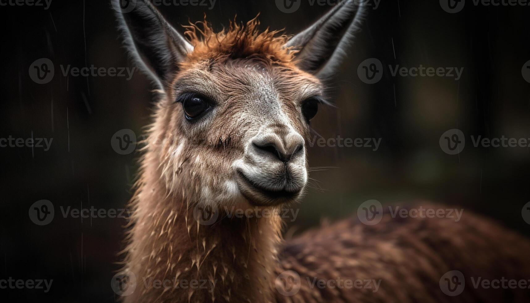 Cute alpaca portrait, looking at camera in meadow generated by AI photo