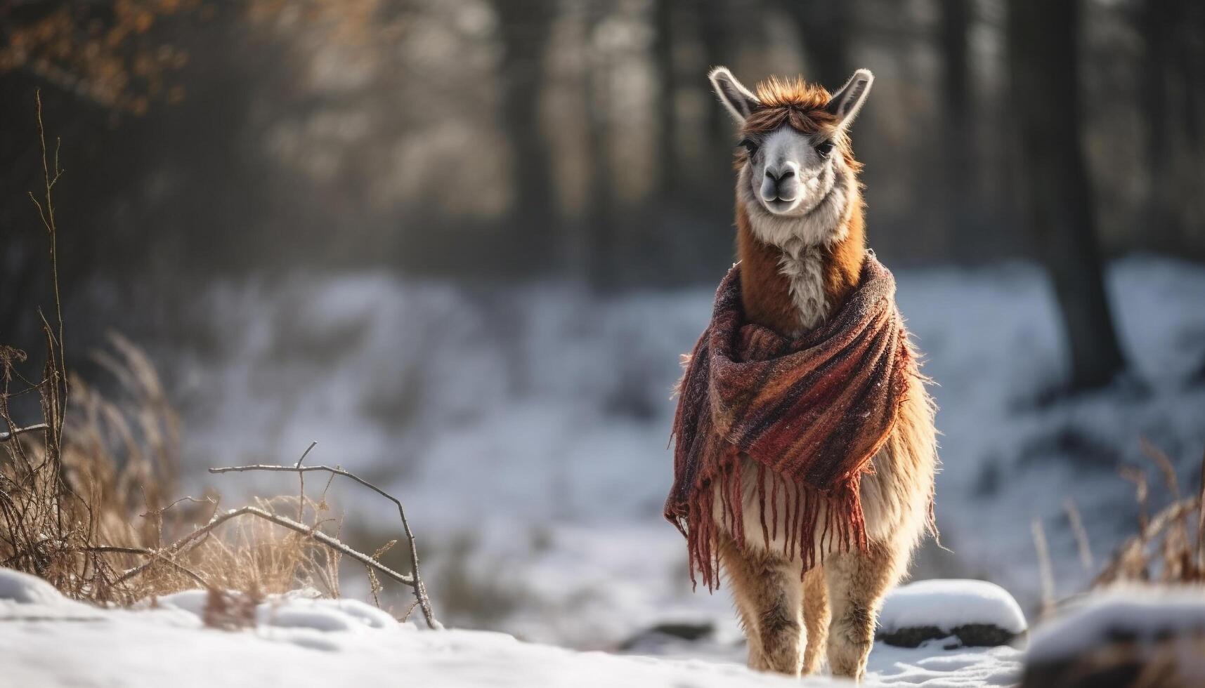 Frosty alpaca poses for winter portrait, adorable generated by AI photo