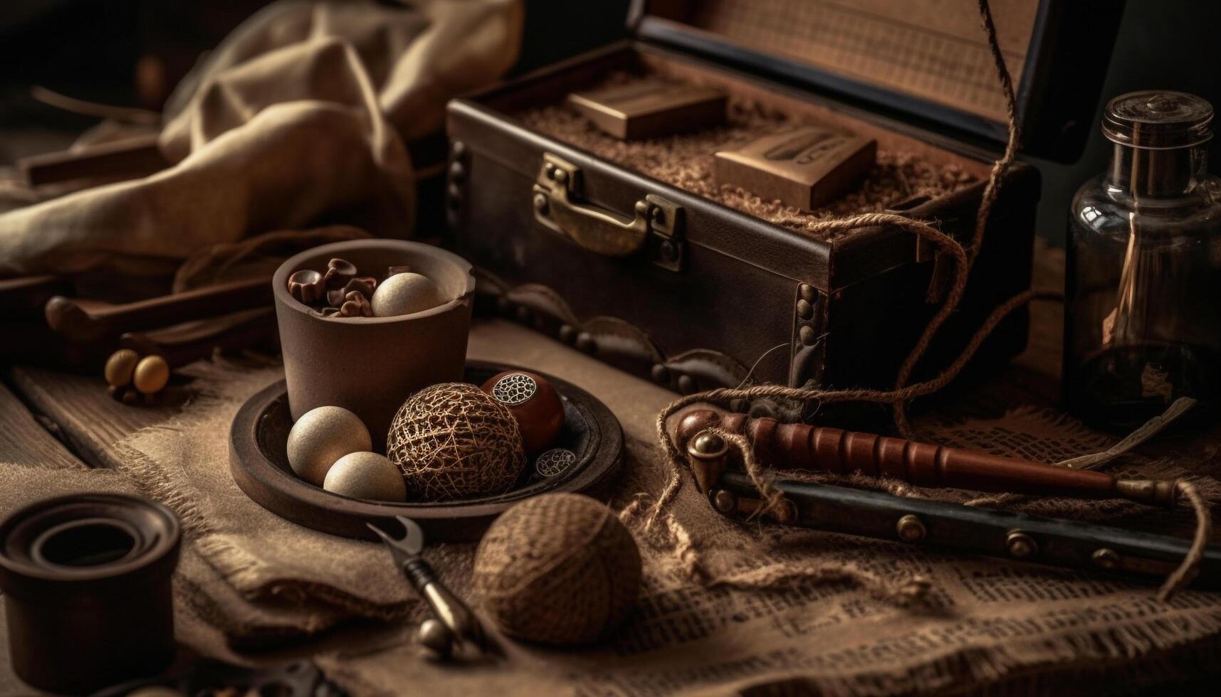Antique table holds rustic leather bag indoors generated by AI photo