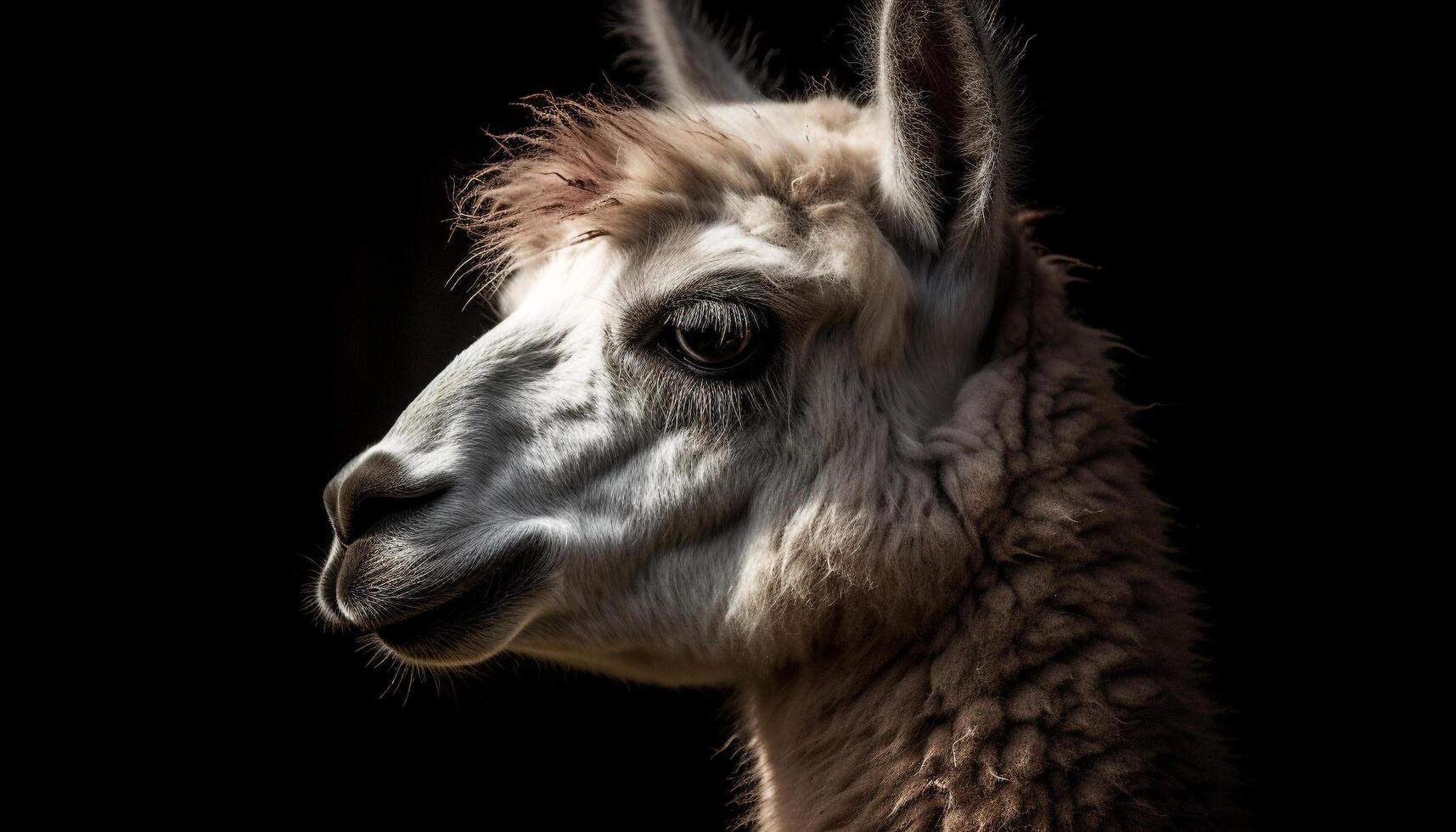 Fluffy alpaca stares, cute portrait in nature generated by AI photo