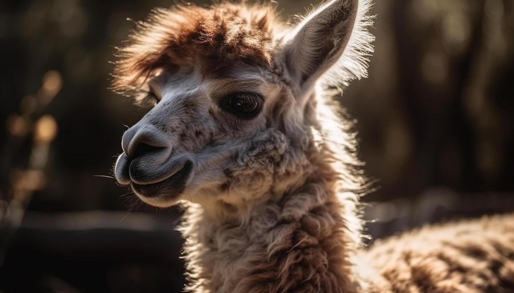 Fluffy alpaca looking at camera in pasture generated by AI photo