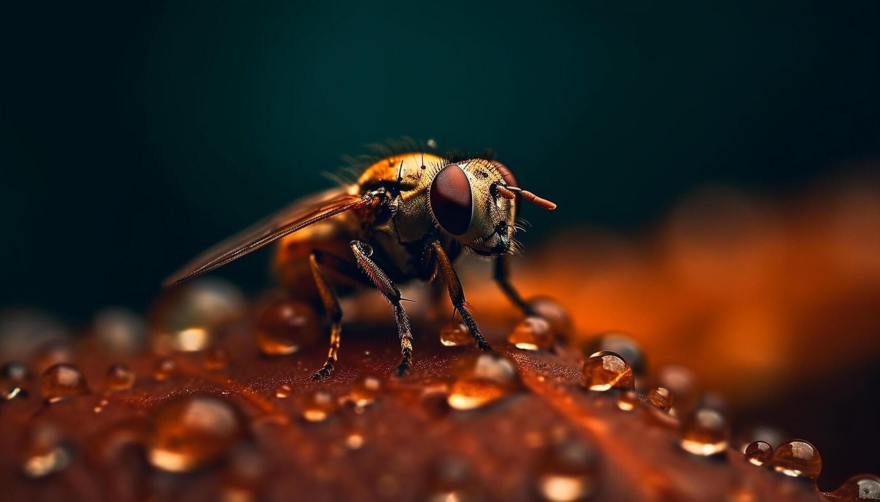 pequeño abeja en mojado hoja, enfocado polinización generado por ai foto