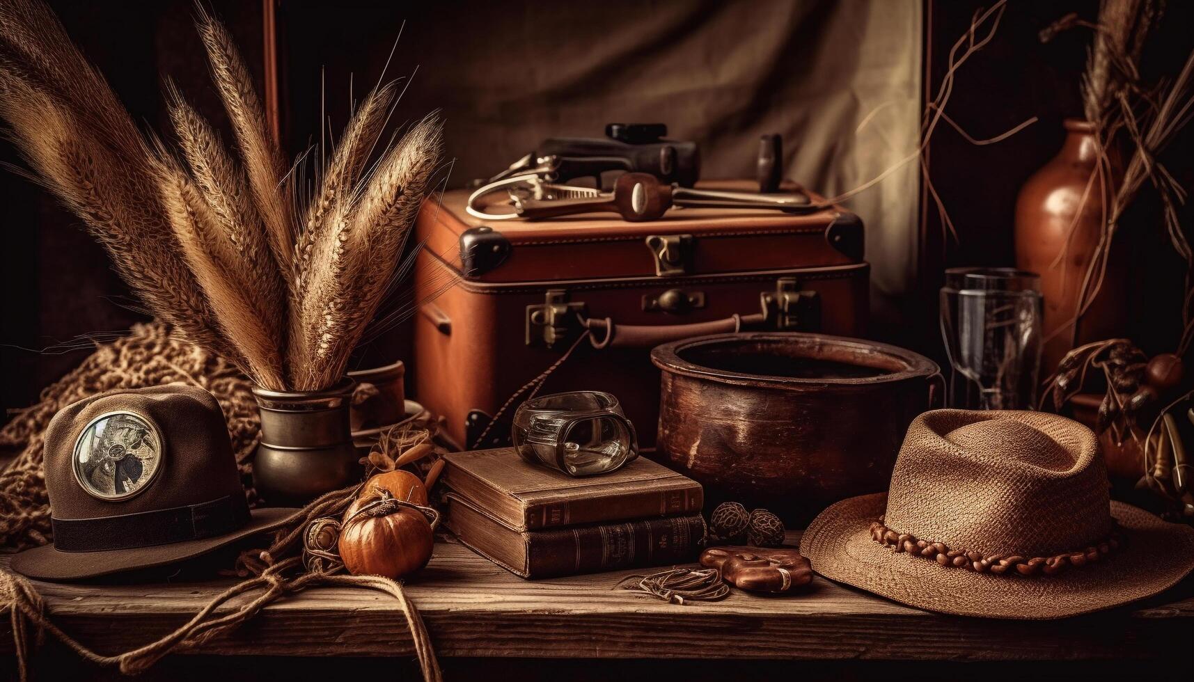 Antique table holds old literature, rustic elegance generated by AI photo