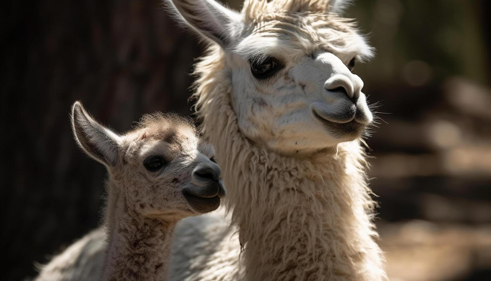 Cute alpaca portrait, looking at camera, smiling generated by AI photo