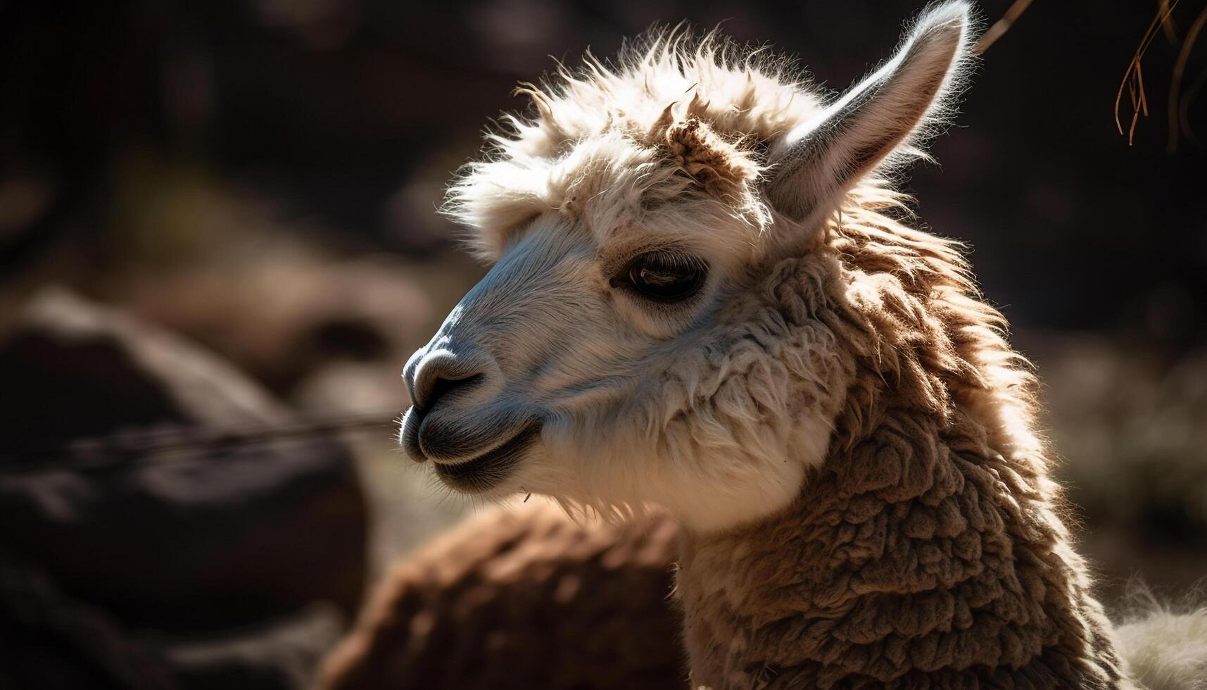 Fluffy alpaca grazes in rural meadow, cute generated by AI photo