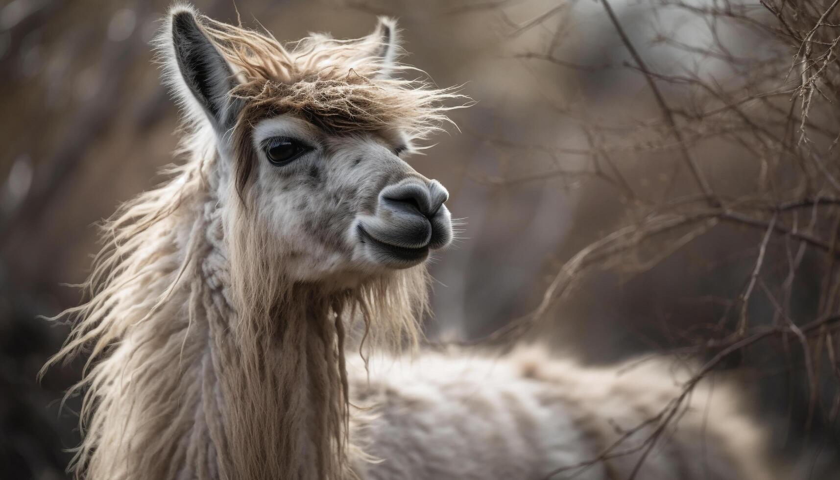 Cute alpaca portrait, fluffy fur, looking at camera generated by AI photo