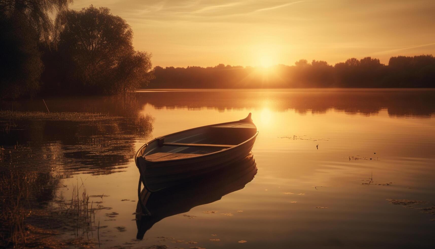 Silhouette of rowboat on tranquil autumn pond generated by AI photo