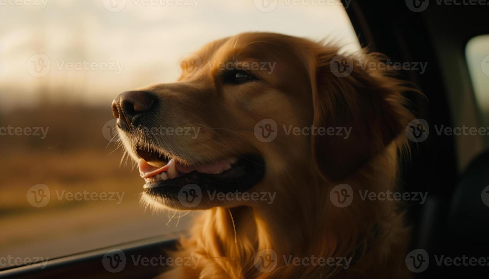 dorado perdiguero perrito sentado en auto, sonriente generado por ai foto