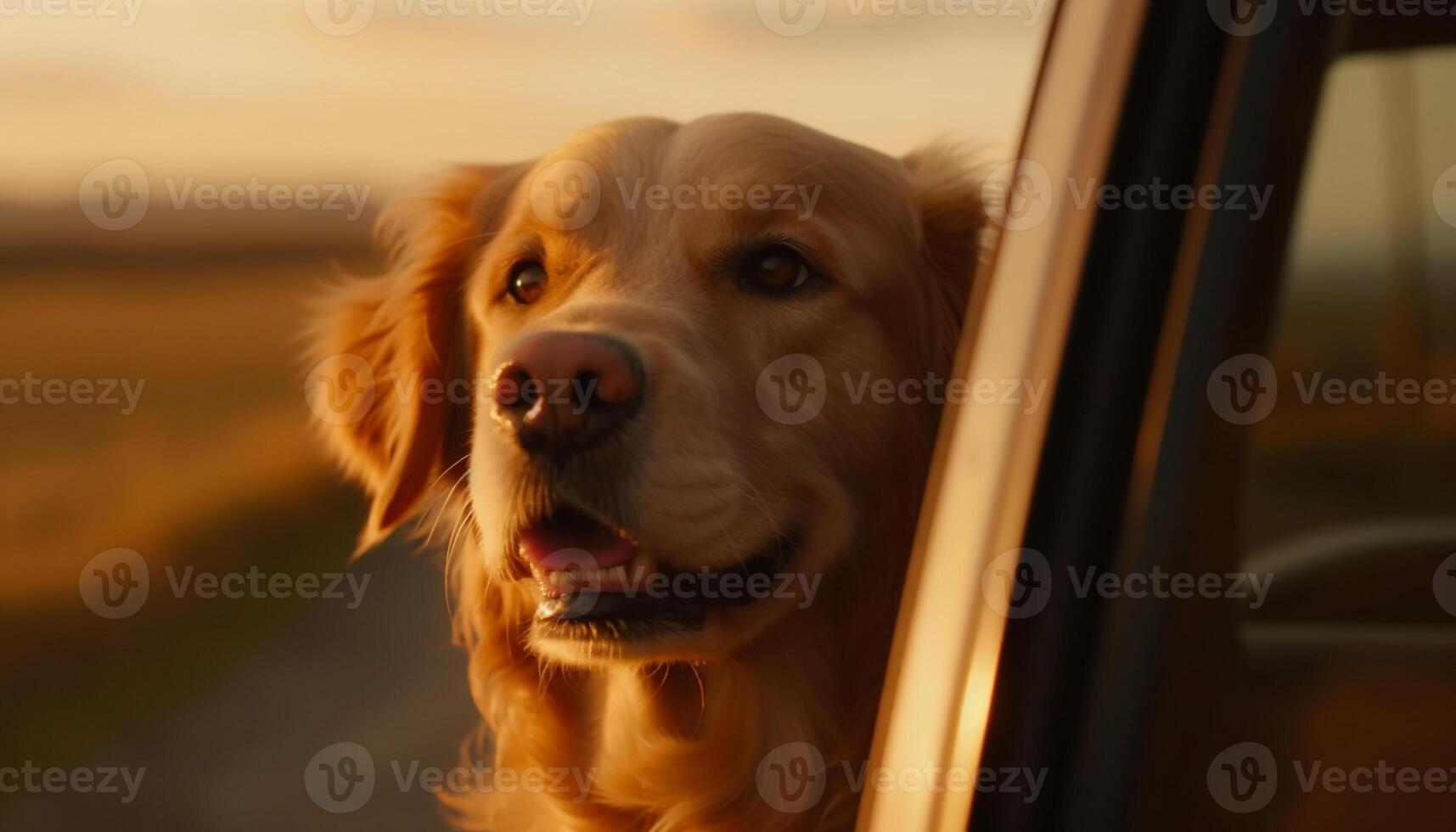 Golden retriever sitting in grass, looking away generated by AI photo
