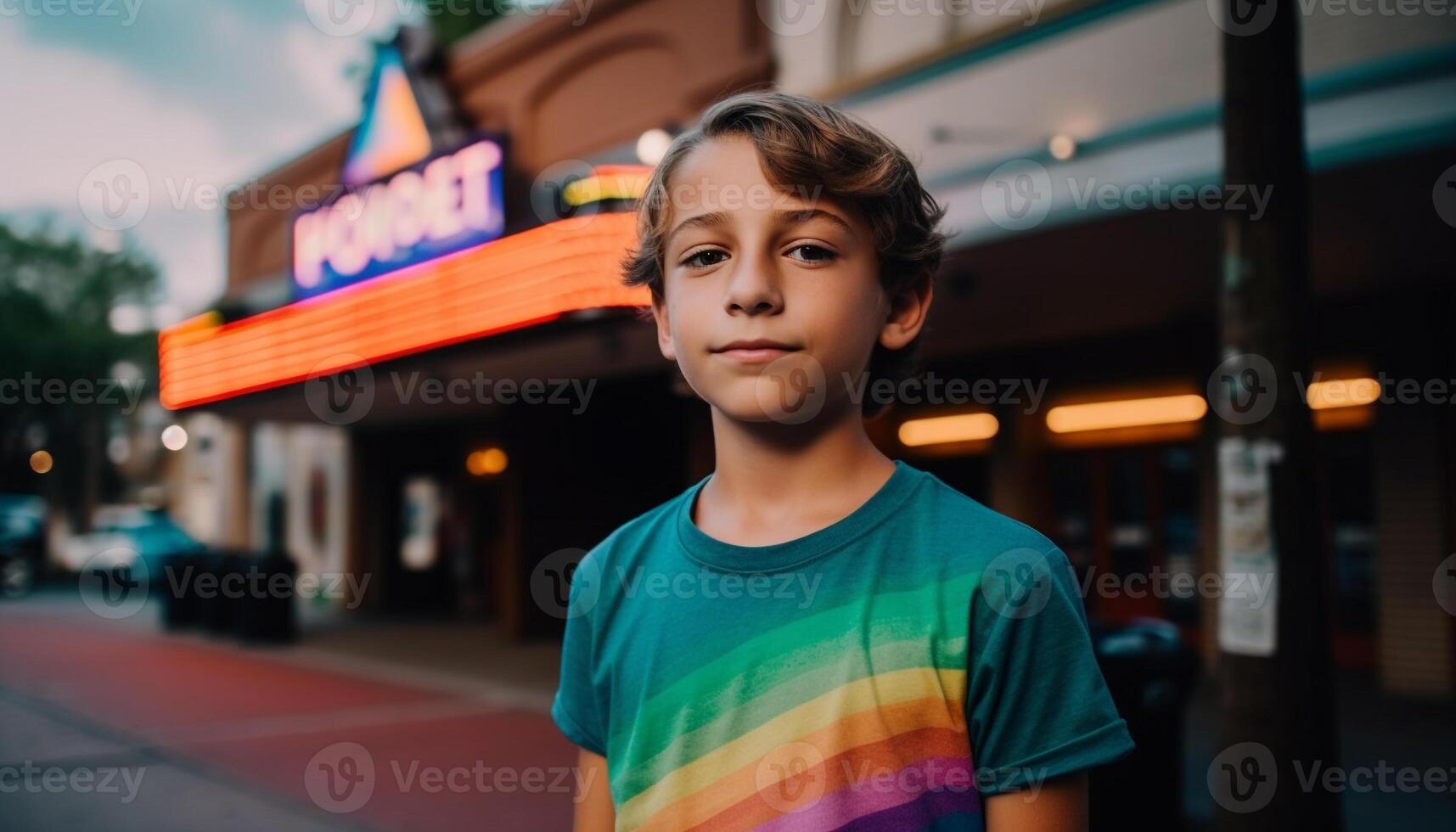 Smiling schoolboy illuminated by street light generated by AI photo