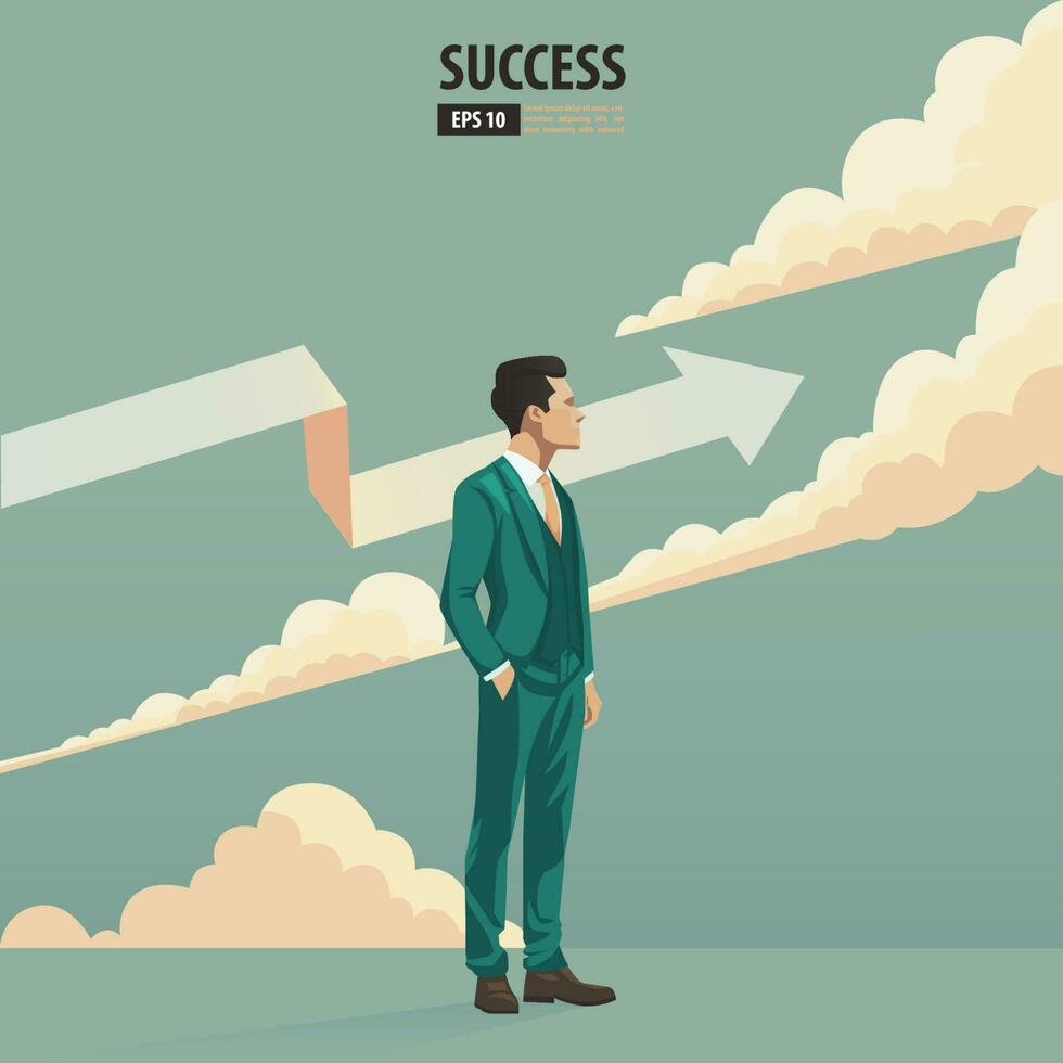 Business arrow concept with businessman with suit looking up into the sky and cloud. grow chart increase profit sales and investment. contemplating about being success and positive vector. vector