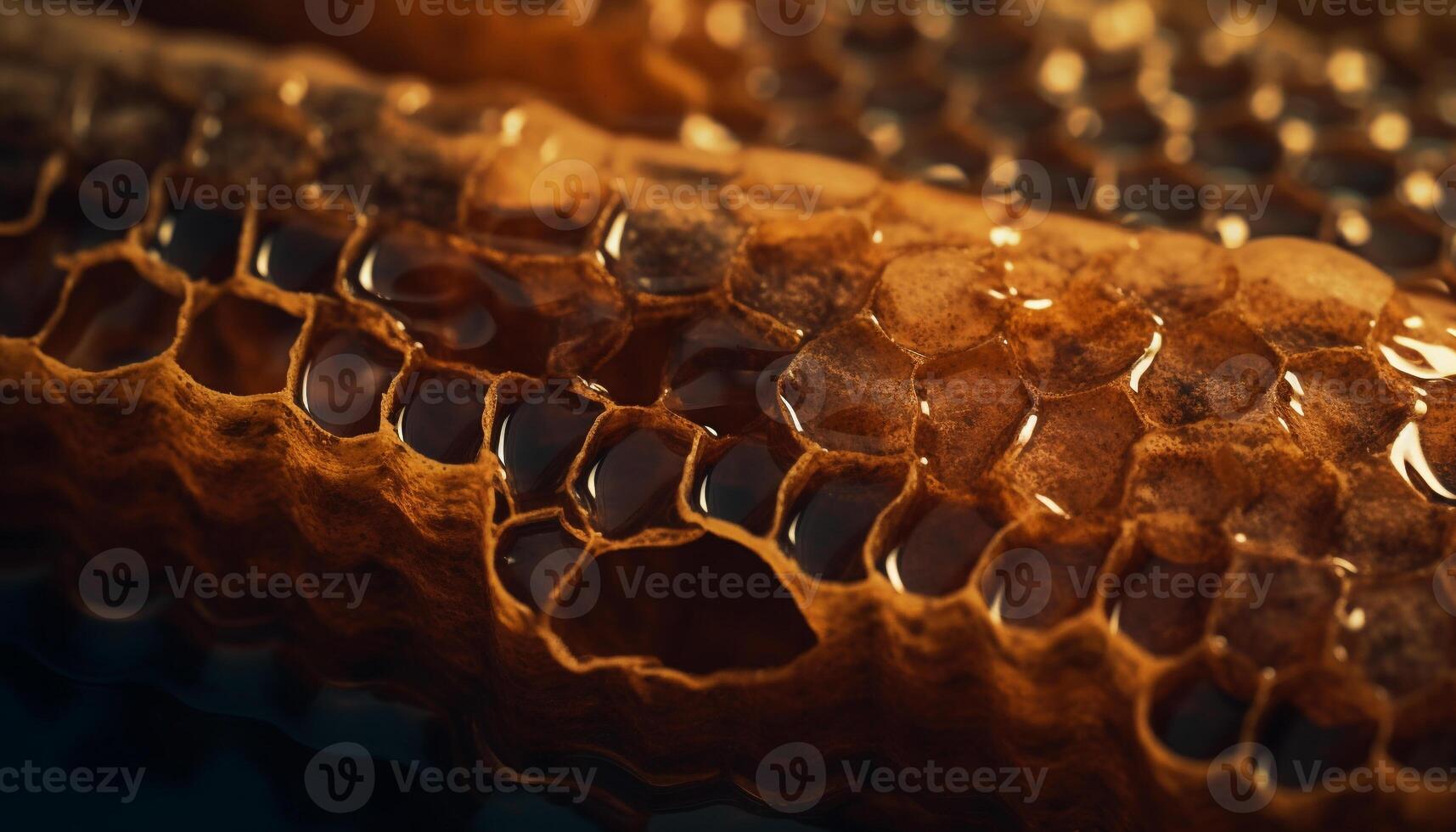 Hexagonal honeycomb frames hold golden sweet food generated by AI photo
