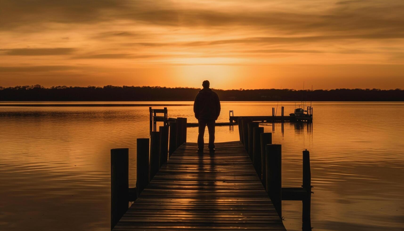 Tranquil scene, men and women relax on jetty generated by AI photo