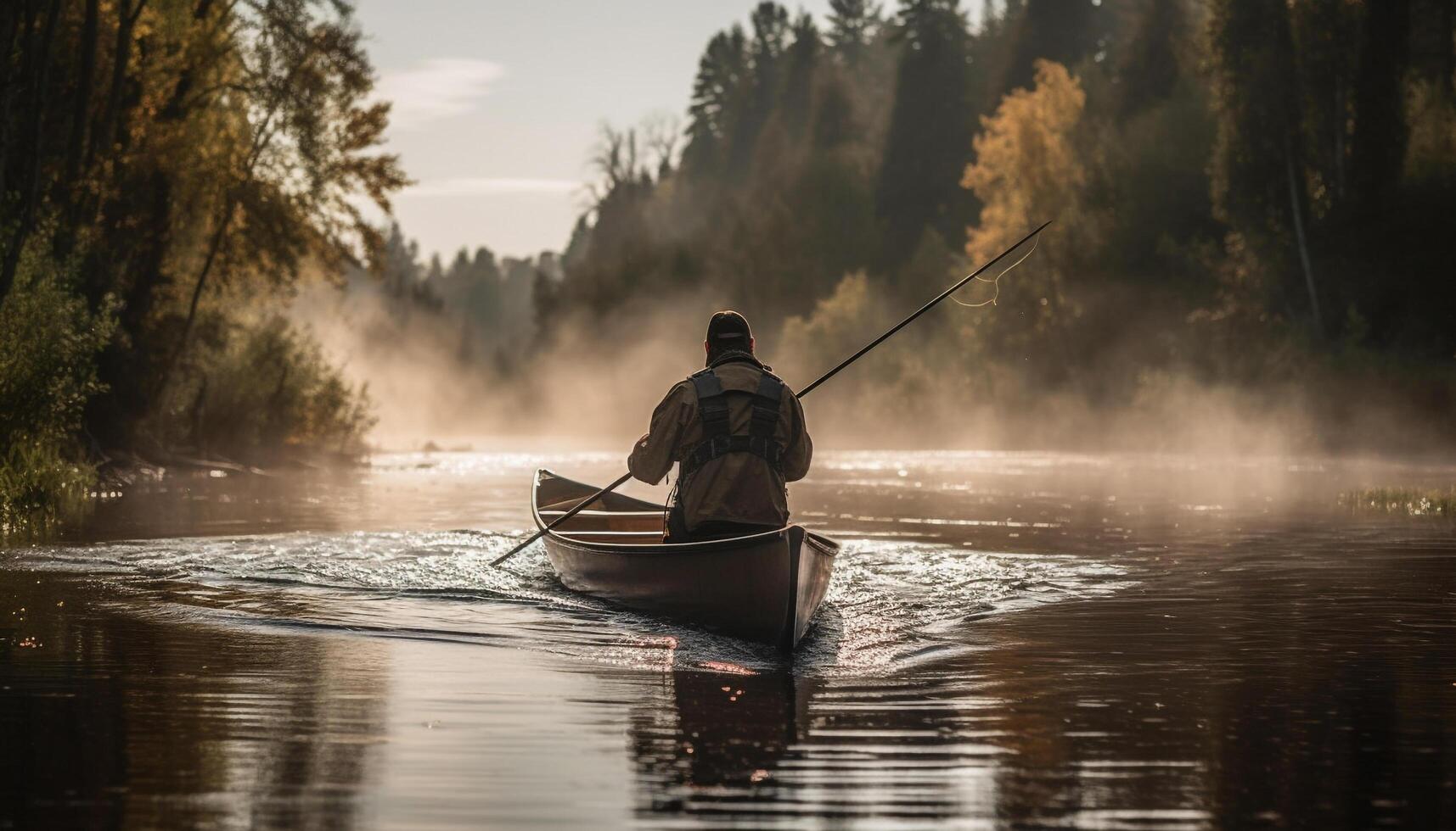 Men rowing rowboat, fishing for catch of fish generated by AI photo