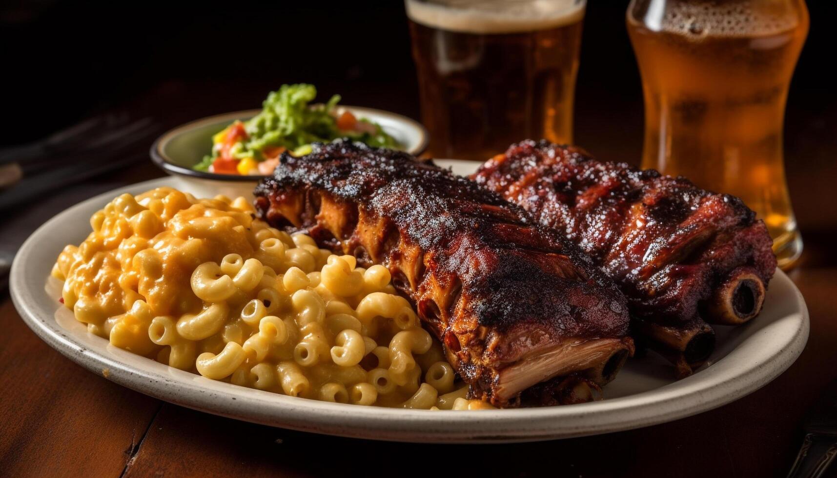 Grilled pork rib on rustic wood plate generated by AI photo