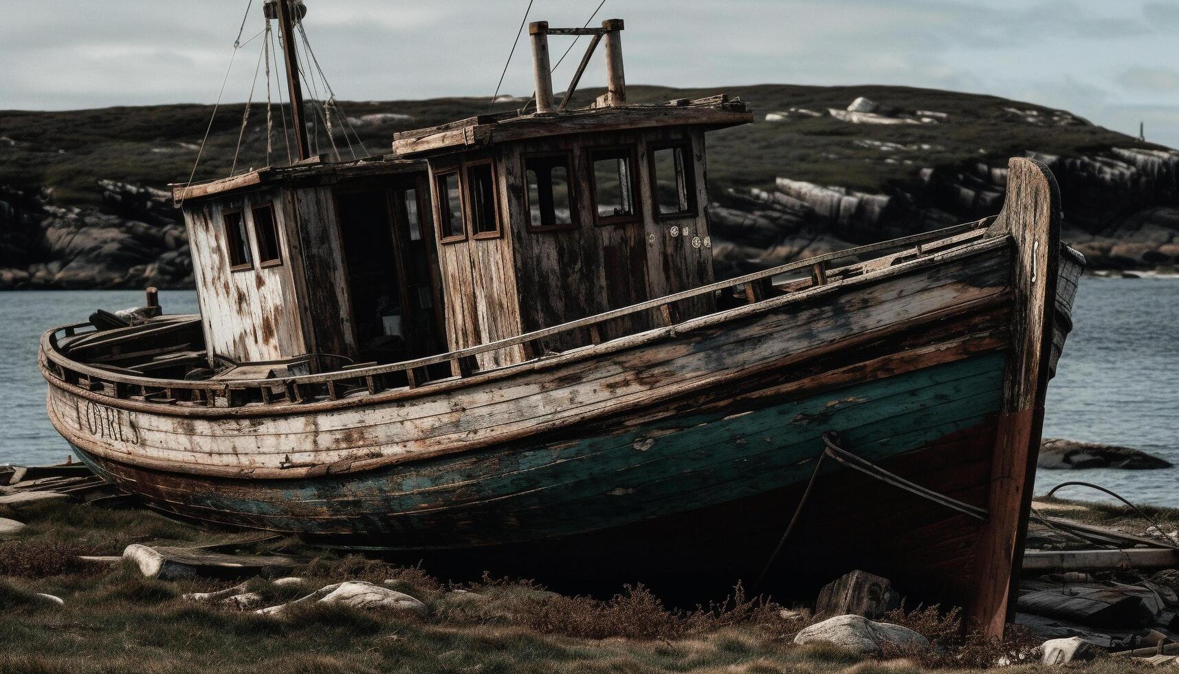 Abandoned fishing boat, broken and rusty wreck generated by AI photo