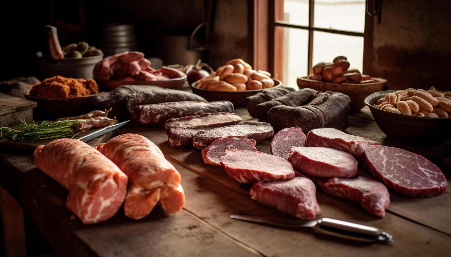 A la parrilla Cerdo filete en rústico de madera mesa generado por ai foto