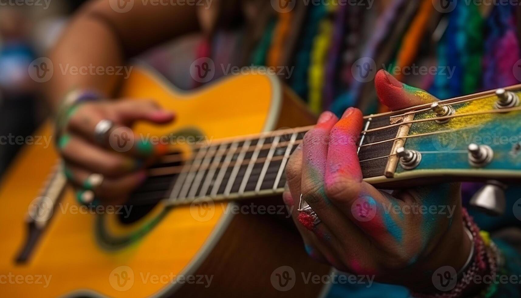 joven guitarrista punteo instrumentos de cuerda en acústico guitarra generado por ai foto