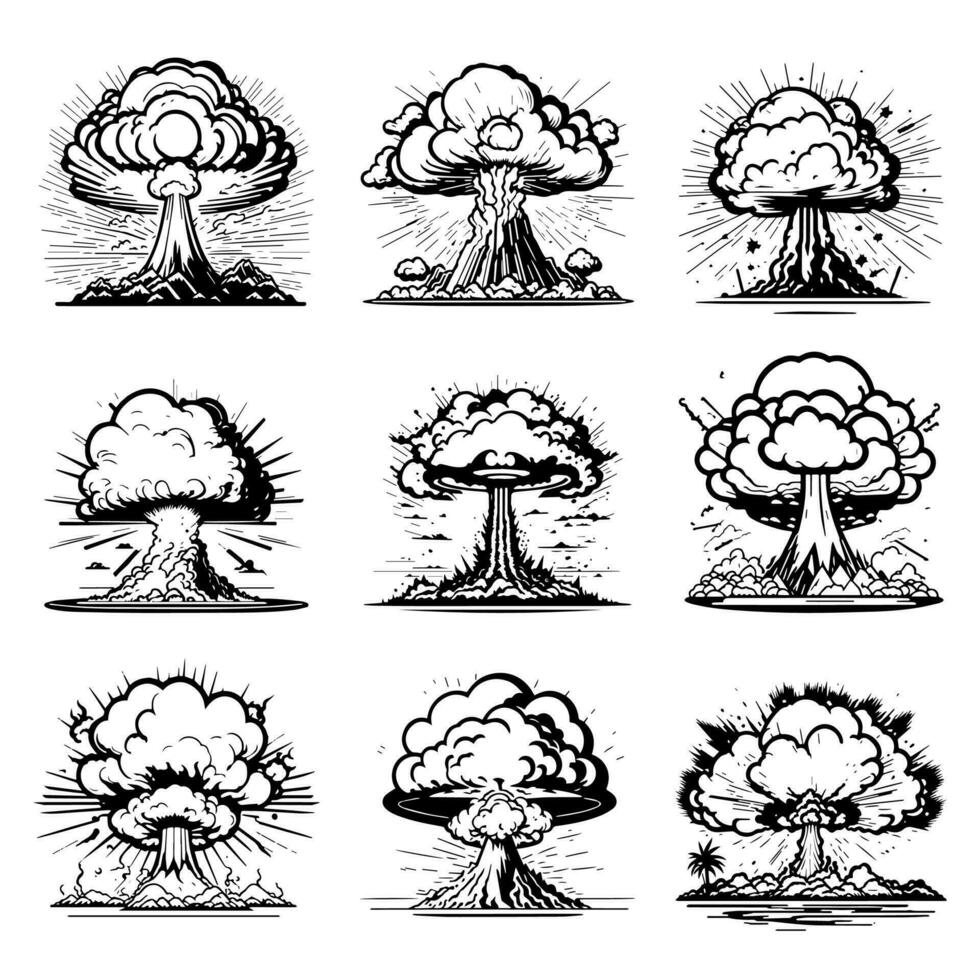 conjunto de explosión efecto vectores fumar explosión, nuclear explosión, bomba explosión, y fumar penacho aislado en un blanco antecedentes