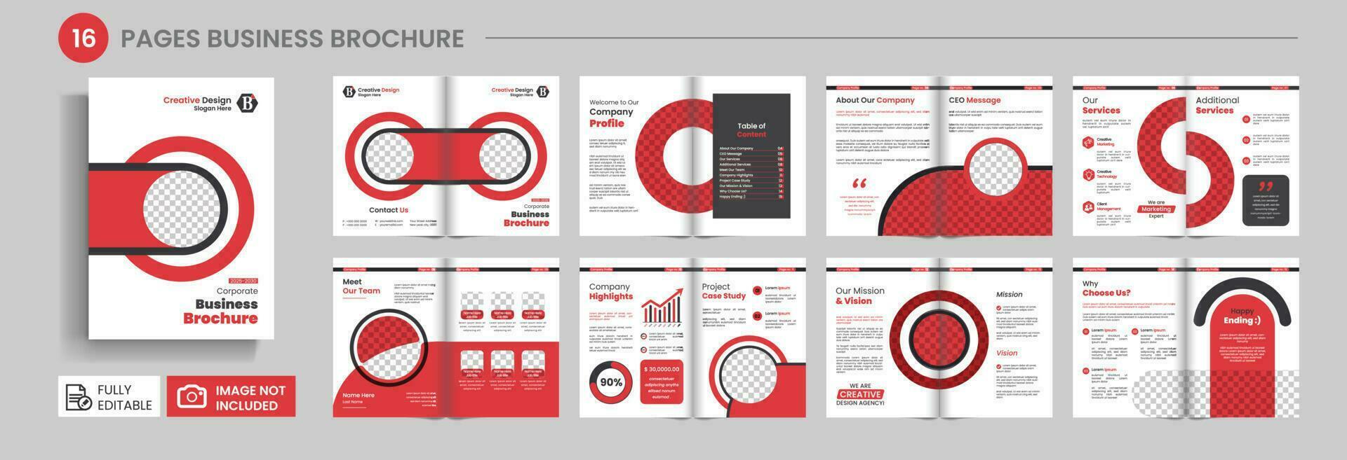 A 16 page brochure for a company. A multi-page company profile. Annual report, brand guide template, trifold brochure, bifold brochure, catalog design, business infographic, portfolio design. vector