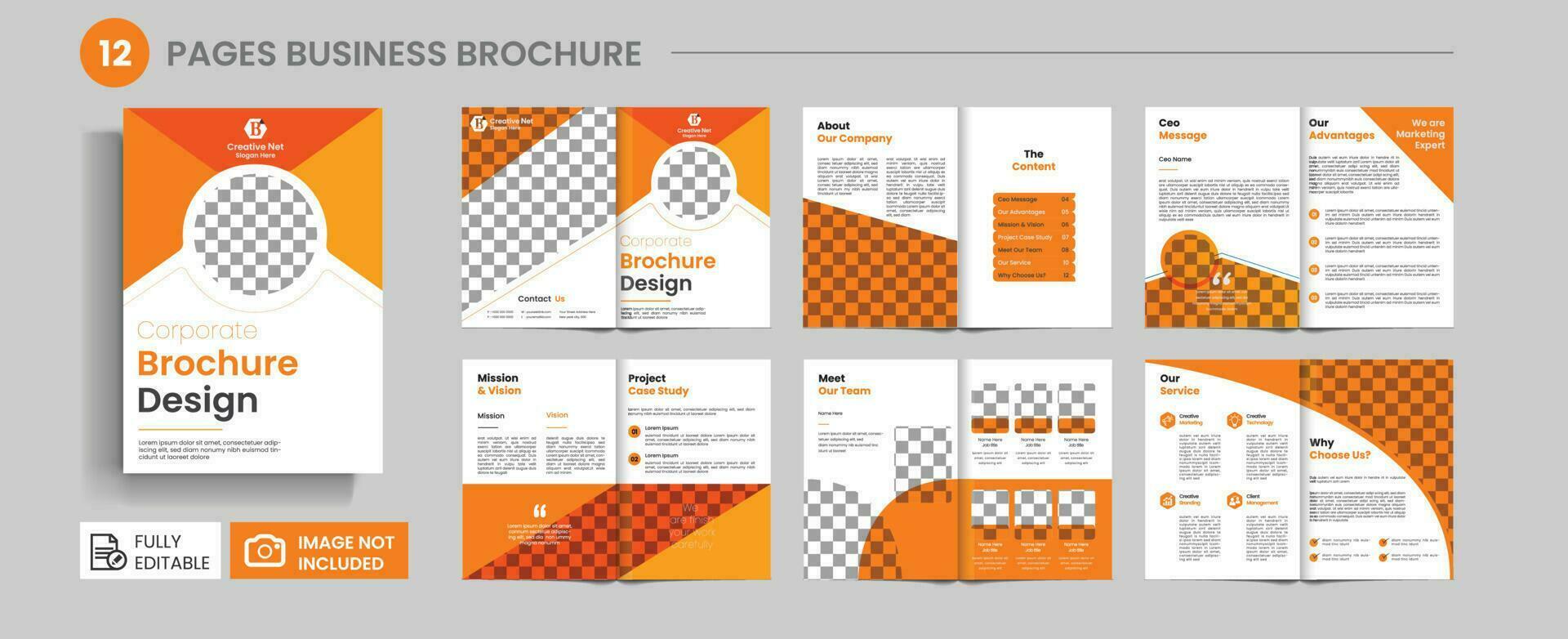 A 16 page brochure for a company. A multi-page company profile. Annual report, brand guide template, trifold brochure, bifold brochure, catalog design, business infographic, portfolio design. vector