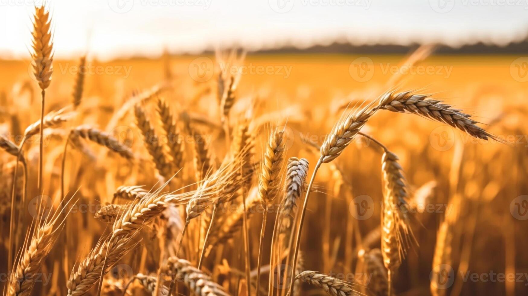 Wheat field. Beautiful Nature Sunset Landscape. Background of ripening ears of wheat field. Label art design. . photo