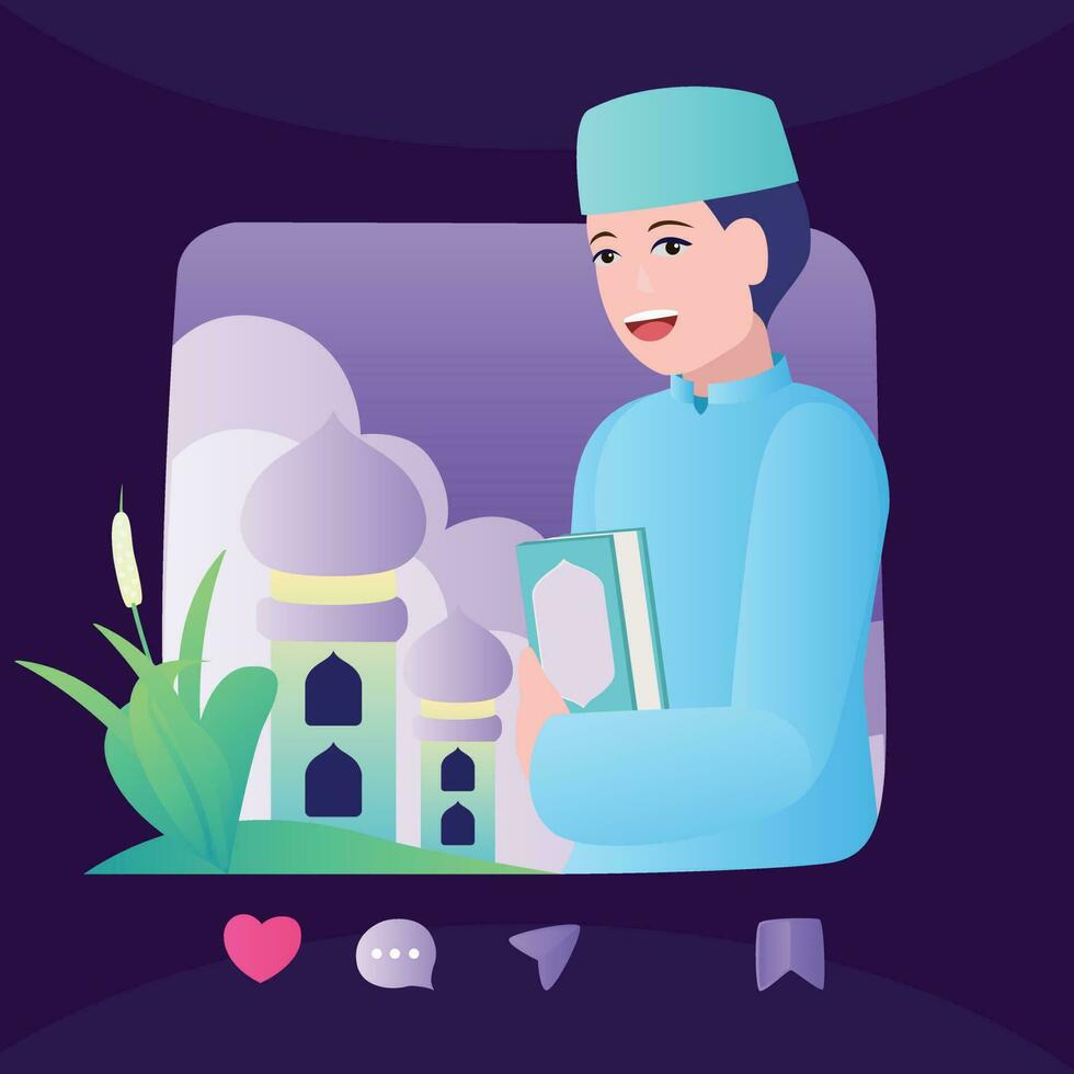 illustration vector graphic hugging the qur'an in the month of ramadan in front of the mosque